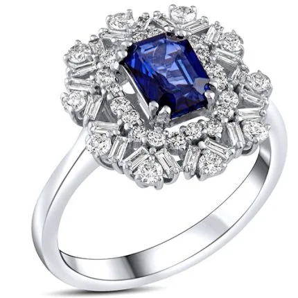 New women's gold ring with sapphire, baguette and brilliant diamonds Model rgf1841