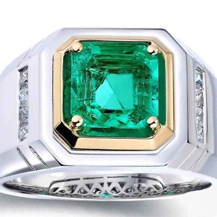 Mens 18K Gold Ring Emerald Diamond RGM1709