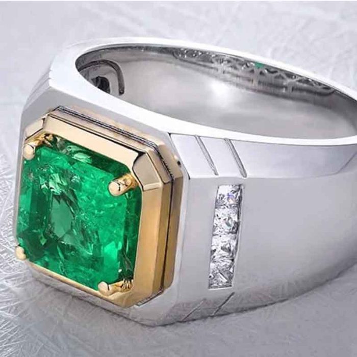 Mens 18K Gold Ring Emerald Diamond RGM1709