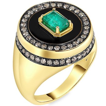 Men’s 18K yellow gold ring with emerald and brown brilliant