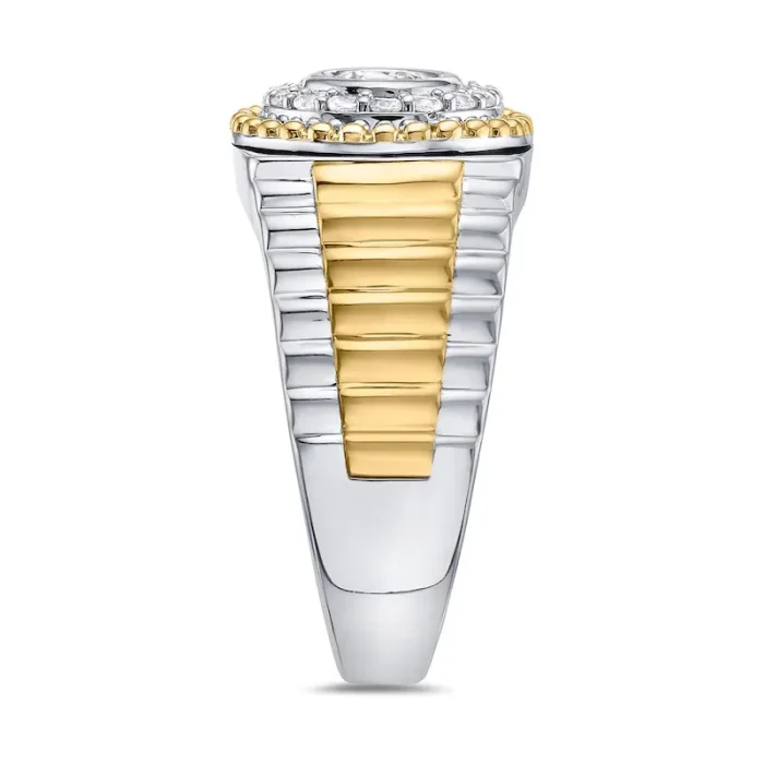 Underside of luxury men’s 18K gold ring showing band structure and gemstone setting