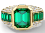 Men's 18K yellow gold ring with emerald and brilliant cut diamond, luxury design