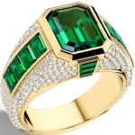 Men's 18K yellow gold ring with emerald and brilliant cut diamond, luxury design