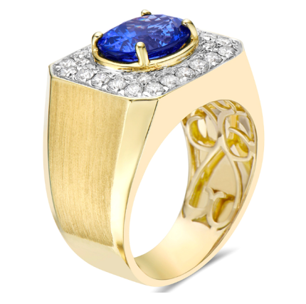 Men's 18K Yellow Gold Ring with Sapphire and Diamond Accents.