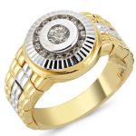 Rolex men's gold and diamond ring with center seed diamond and diamond wall detailing