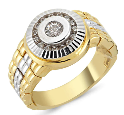 Rolex men's gold and diamond ring with center seed diamond and diamond wall detailing