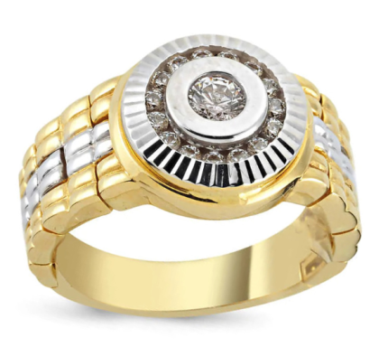 Rolex men's gold and diamond ring with center seed diamond and diamond wall detailing