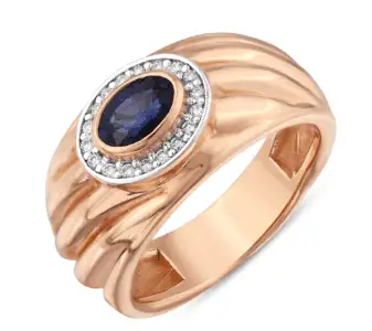 Men's 18K Rose Gold Jewelry Ring with Sapphire and Brilliant Cut Diamond