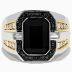 Side angle of a luxurious 18K men’s ring featuring a bold black onyx center, baguette-cut diamonds, and brilliant round stones in a gold and silver setting.