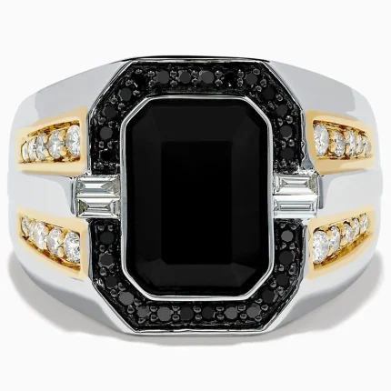 Side angle of a luxurious 18K men’s ring featuring a bold black onyx center, baguette-cut diamonds, and brilliant round stones in a gold and silver setting.