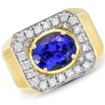 Blue Sapphire Ring for Men in Yellow Gold with Brilliant-Cut Diamonds -Front View
