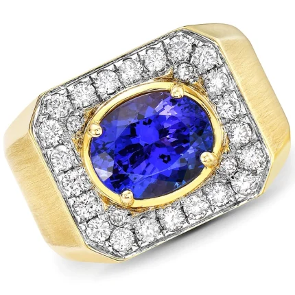 Blue Sapphire Ring for Men in Yellow Gold with Brilliant-Cut Diamonds -Front View