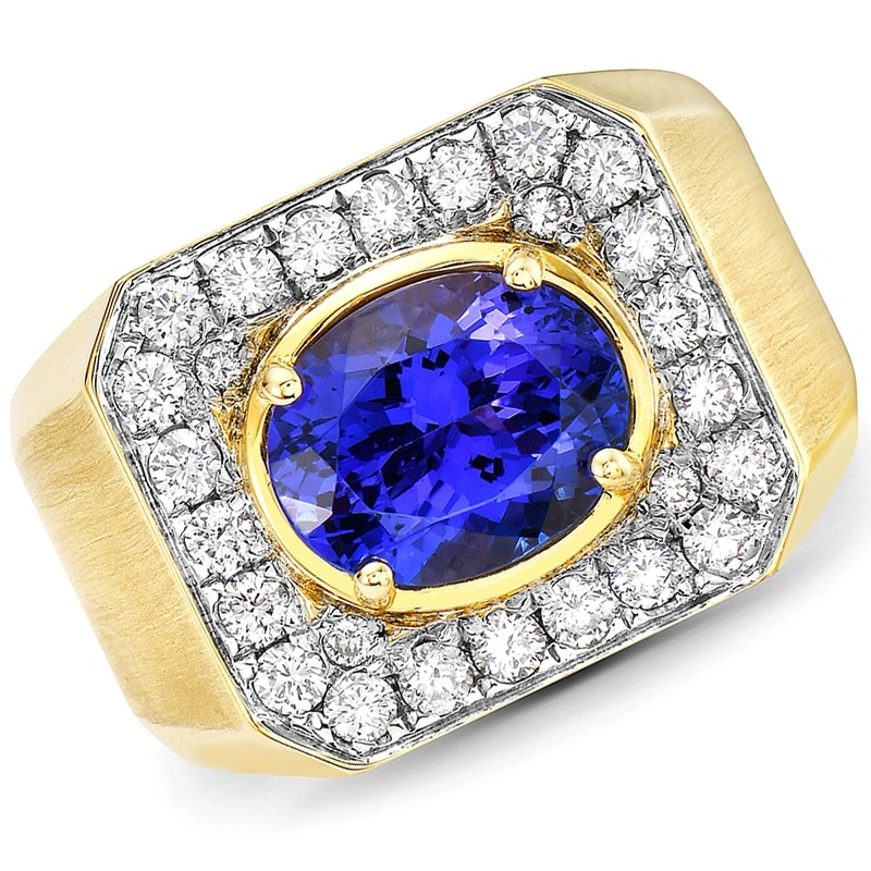 Blue Sapphire Ring for Men in Yellow Gold with Brilliant-Cut Diamonds -Front View