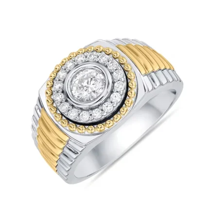 Men’s luxury 18K gold ring with round diamond center and gemstone halo -angled front view