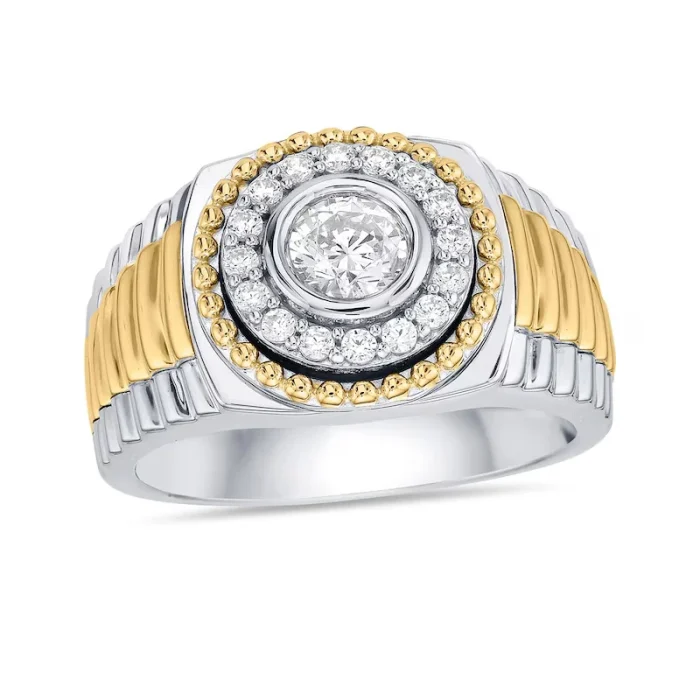 Top view of 18K men’s gemstone ring with centered diamond and dual-tone gold accents
