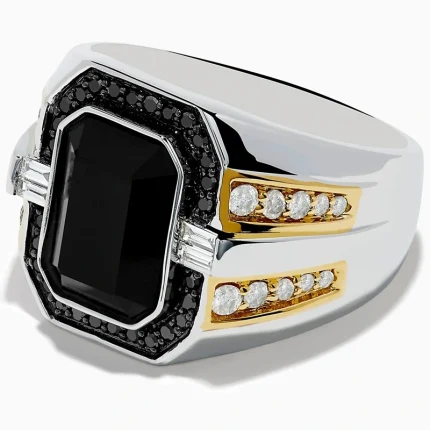 side view of men’s gold ring with black onyx, baguette-cut diamonds, and brilliant accents