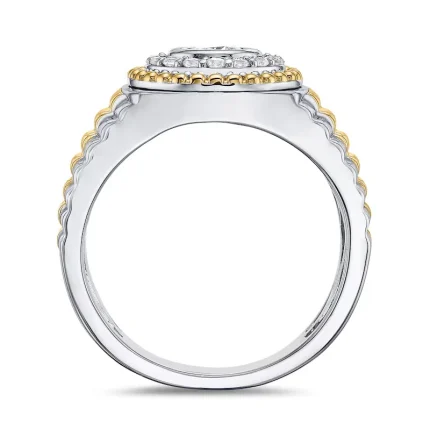 Side profile of men’s 18K gold ring with ribbed band and elevated diamond setting