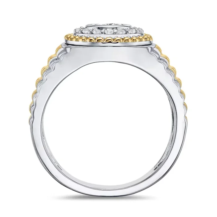 Side profile of men’s 18K gold ring with ribbed band and elevated diamond setting