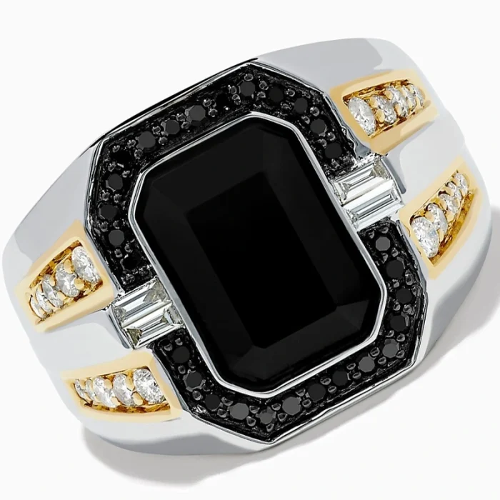 top angle of men’s gold ring with black onyx and diamond detailing