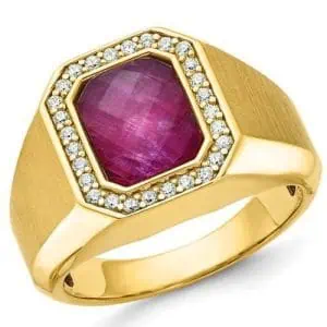 Men’s Yellow Gold Ring with Red Ruby and Brilliant Cut Diamonds
