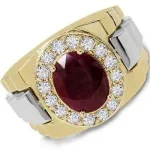 Men’s Rolex-Style 18K Gold Ring with Red Ruby and Brilliant-Cut White Diamonds