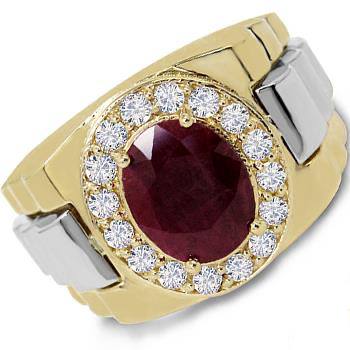 Men’s Rolex style 18K gold ring featuring a vibrant red ruby and brilliant-cut white diamonds on a polished band