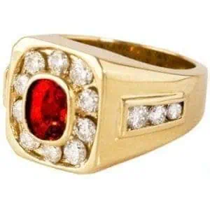 “Men’s 18K Yellow Gold Ring with Red Sapphire and Brilliant-Cut White Diamonds”