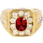 “Men’s 18K Yellow Gold Ring with Red Sapphire and Brilliant-Cut White Diamonds”