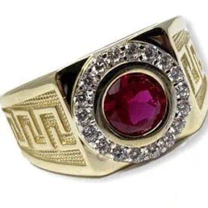 Men’s Versace-Style 18K Gold Ring with Red Sapphire and Brilliant-Cut Diamonds