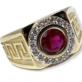 Men’s 18K Versace-style gold ring featuring a vivid red sapphire and brilliant-cut white diamonds