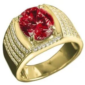Men’s 18K Yellow Gold Ring with Brilliant-Cut Diamonds and Red Sapphire