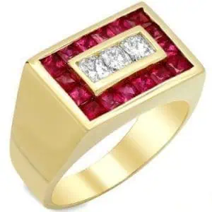 Gold and diamond ring with vibrant red ruby centerpiece and brilliant-cut white diamonds