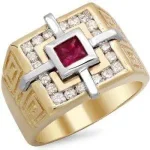 Versace-style 18K yellow gold ring with red ruby centerpiece and brilliant-cut diamonds