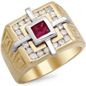 Versace-style 18K yellow gold ring with red ruby centerpiece and brilliant-cut diamonds
