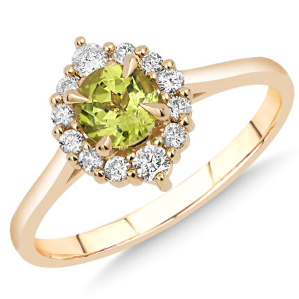 women's gold ring, flower design with peridot gemstone and brilliant-cut diamonds, model: rgf1873
