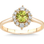 women's gold ring, flower design with peridot gemstone and brilliant-cut diamonds, model: rgf1873