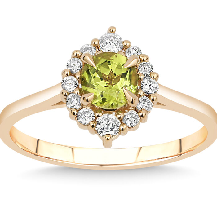 women's gold ring, flower design with peridot gemstone and brilliant-cut diamonds, model: rgf1873