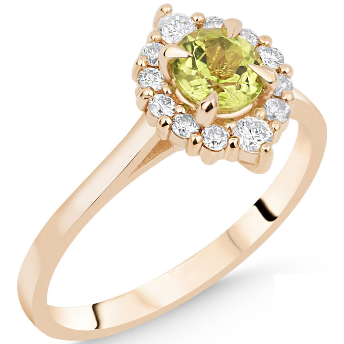 women's gold ring, flower design with peridot gemstone and brilliant-cut diamonds, model: rgf1873