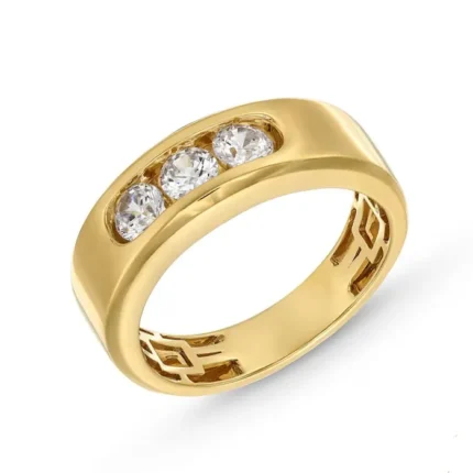 alt="yellow gold diamond band for men with three brilliant-cut diamonds"