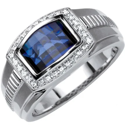 Ruby rings for men 18K white gold with blue sapphire and brilliant-cut diamonds model RGM17175