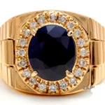 Side view of 18K yellow gold Luxury Men’s Rolex Rings with sapphire & diamonds RGM1660