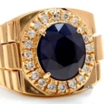 Side view of 18K yellow gold Luxury Men’s Rolex Rings with sapphire & diamonds RGM1660