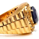 Side view of 18K yellow gold Luxury Men’s Rolex Rings with sapphire & diamonds RGM1660