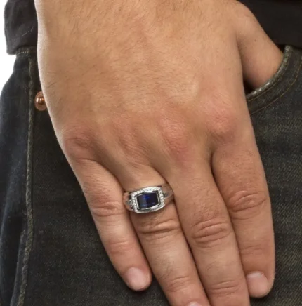 Ruby rings for men 18K white gold with blue sapphire and brilliant-cut diamonds model RGM17175