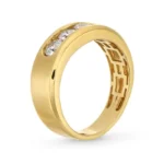 alt="yellow gold diamond band for men with three brilliant-cut diamonds"