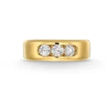 alt="yellow gold diamond band for men with three brilliant-cut diamonds"