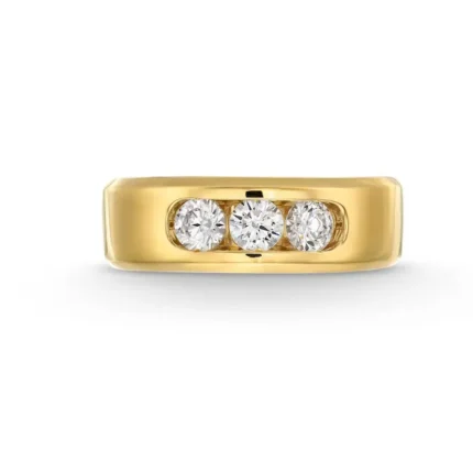 alt="yellow gold diamond band for men with three brilliant-cut diamonds"