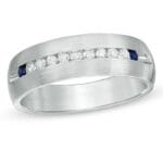 Men's 18K White Gold Ring with Sapphire and Brilliant-Cut Diamonds