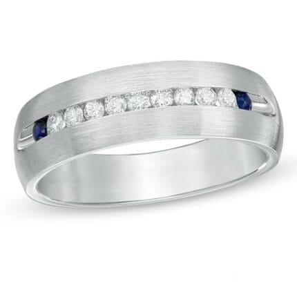 Men's 18K White Gold Ring with Sapphire and Brilliant-Cut Diamonds