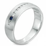 Men's 18K White Gold Ring with Sapphire and Brilliant-Cut Diamonds